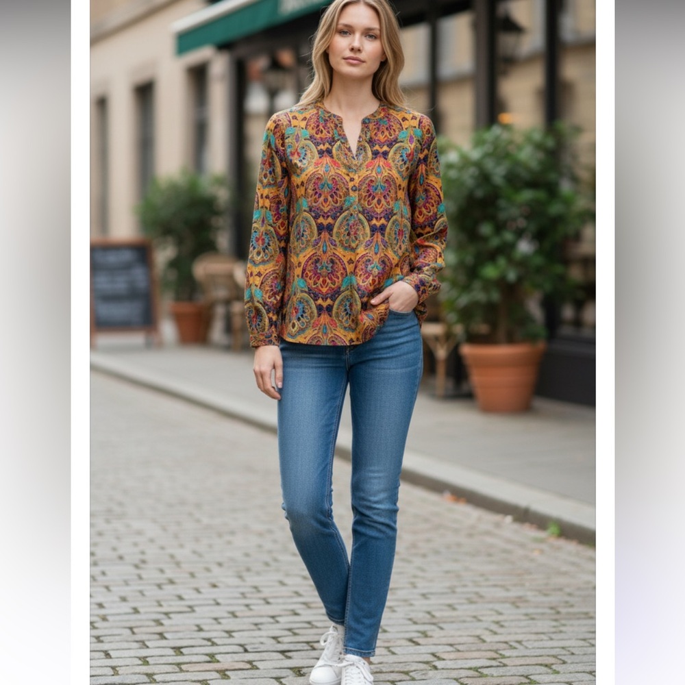 APT 9 SATIN SILKY FLORAL PAISLEY TOP SLEEVE WITH PEARL SNAPS SIZE 3X